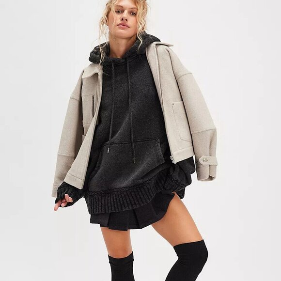 Free People We The Free Stand Up Hoodie Top Oversized Pullover Solid L 276612 - Picture 3 of 11